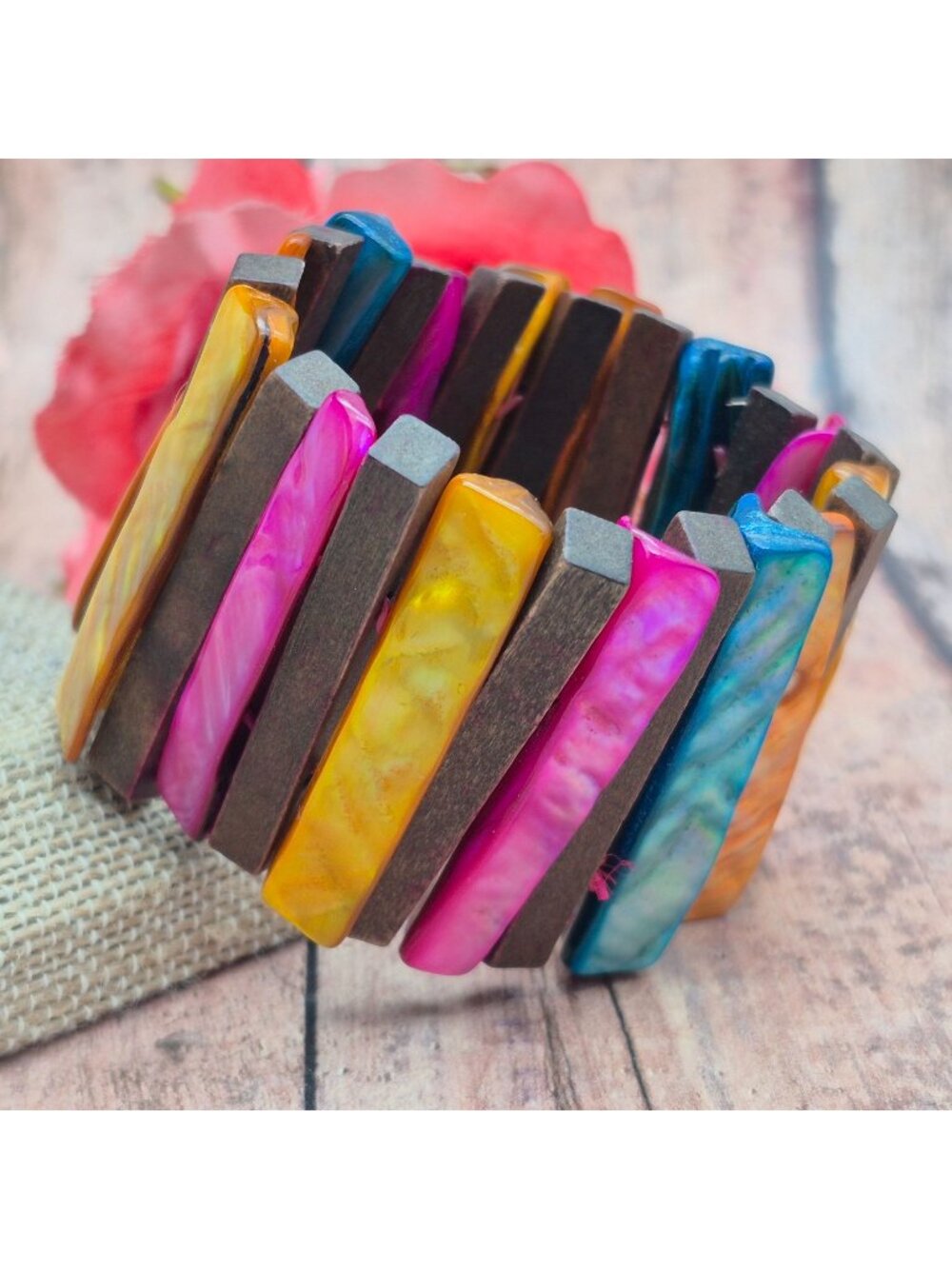 Bohemian Wood Bar & Dyed Abalone Shell Colorful Wide Stretch Bracelet Beach